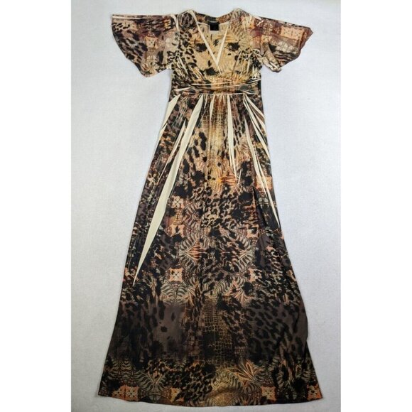 SAM & MAX - WOMEN'S BROWN PRINT SHORT SLEEVE STRETCH KNIT MAXI DRESS - SIZE S - Picture 1 of 8